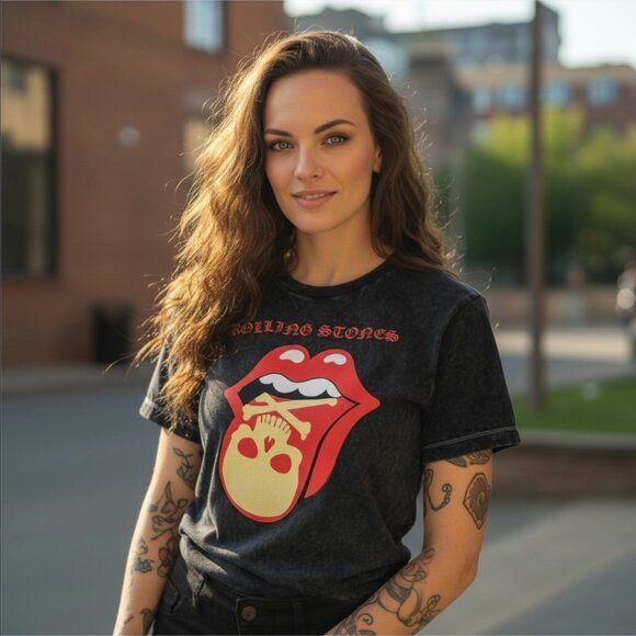 Rolling Stones ✦ Skull Tongue Acid Wash T-Shirt ✦ Black Red Yellow Graphic M - Picture 1 of 5